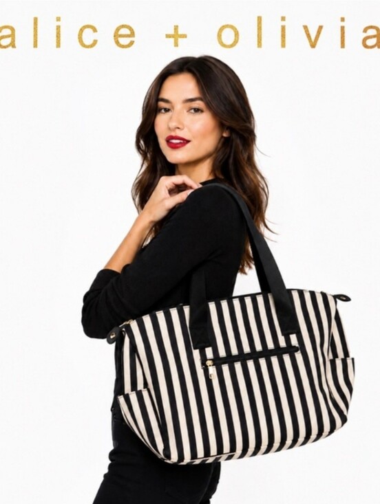 Alice + Olivia Handbags - Alice + Olivia Black & White Striped Travel Gym Overnight Bag